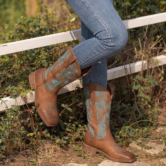 ⚡Women's Dark Brown Square Toe Floral Cowgirl Boots Fashion Western Pull On - Picture 5 of 8